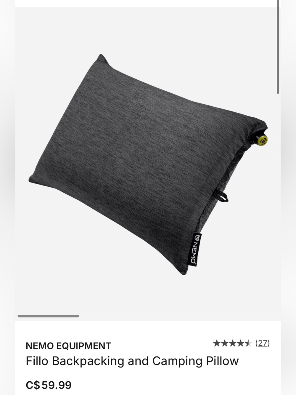 NEMO Fillo Inflatable Travel, Backpacking and Camping Pillow - Charcoal